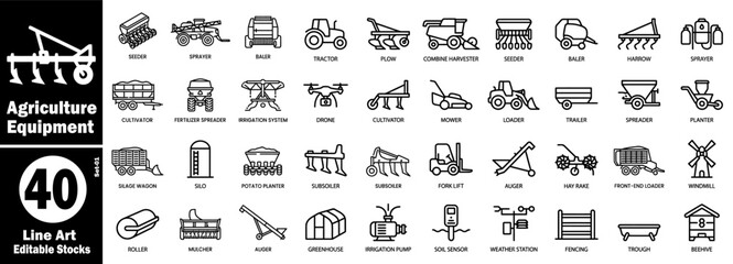 Agriculture equipment line art icons set. Agriculture farming technology concepts vector illustration. © Hafiz