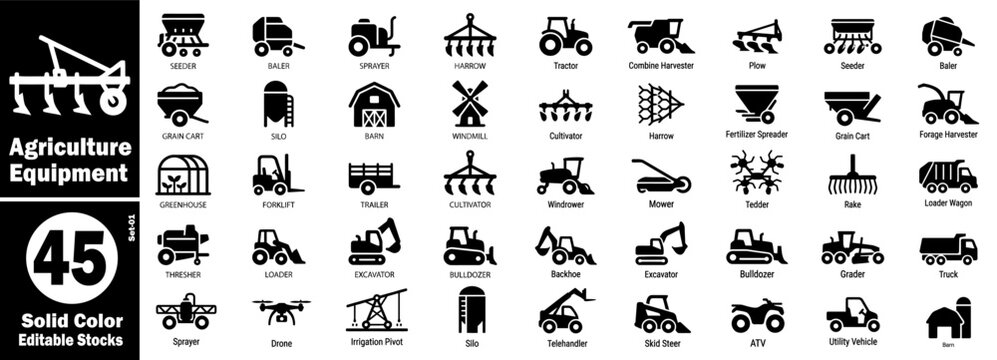 Agriculture equipment solid icons set. Farm machinery vector stocks vector illustration.