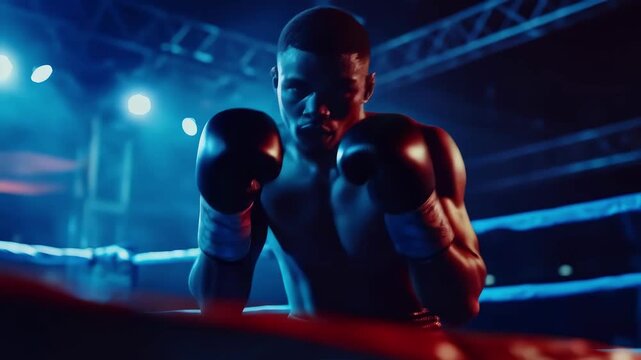African American young adult male boxer in a boxing ring, shadow boxing with focus under blue and red stadium lights.