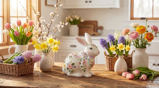 Easter kitchen table with spring flowers and ceramic bunny