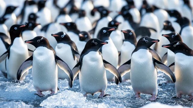A large group of Adelie penguins standing on an icy shore in Antarctica with water and ice fragments under natural light.