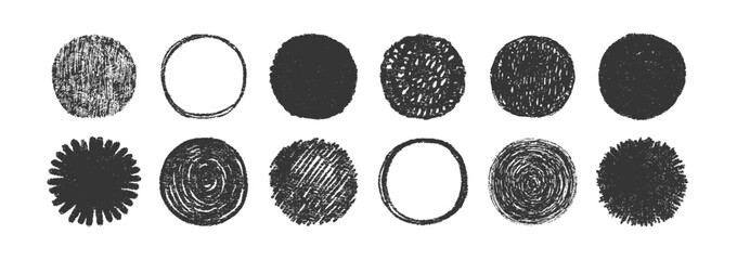 Round crayon sketch with rough texture. Vibrant circle doodle featuring brush strokes, abstract pattern, and childish charm for playful design backgrounds.