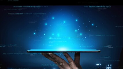 A captivating image showcasing a hand holding a smartphone, displaying abstract code and glowing...