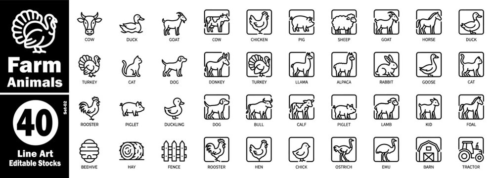 Collection of framed farm animal icons in black thin line style vector illustration.