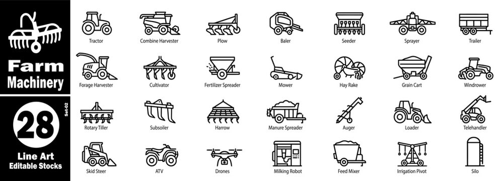 Farm machinery line art editable stocks set vector illustration.