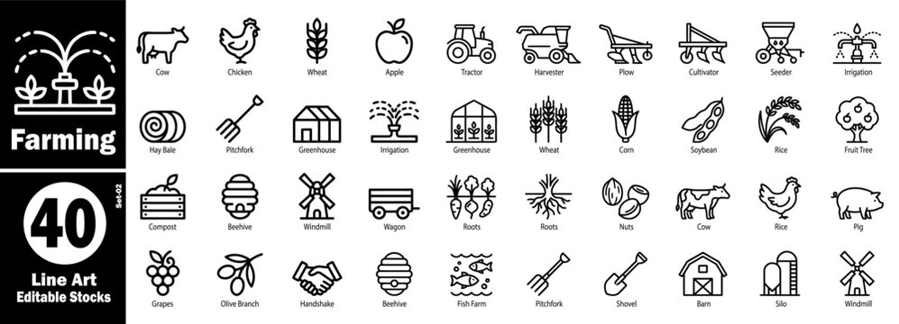 Farming icons line art editable stocks set vector illustration.