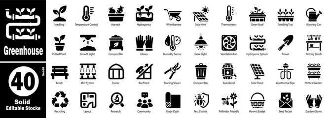 Naklejka premium Greenhouse solid icons set, modern agriculture and gardening symbols vector illustration.