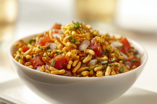 Bhel Puri Chaat Indian Puffed Rice Snack with Vegetables Close Up