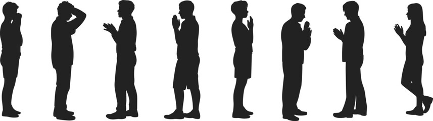 People silhouettes clapping and praying, standing human gestures, applause and worship poses, black isolated figures, communication body language concept © SreeMoti