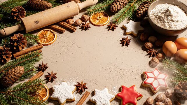 Christmas baking ingredients and cookies frame for holiday recipe