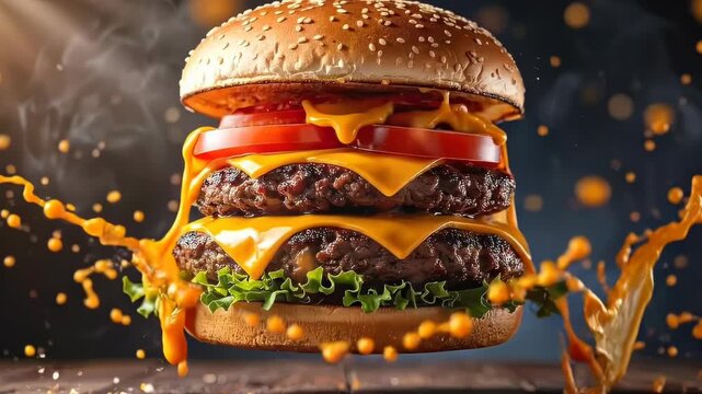 A juicy cheeseburger with lettuce tomato and cheese splashing sauce on a dark surface viewed from the front with dynamic motion