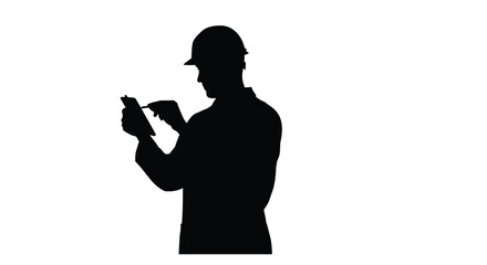 Silhouette of a construction worker examining plans or a tablet on a white background © Kawsar_Studio1998