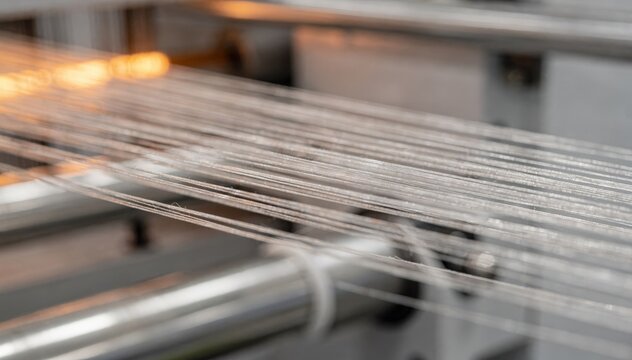 Closeup medium shot of polyester fibers being stretched and heattreated for lowshrink properties highlighting precise tension control and fiber alignment during manufacturing.