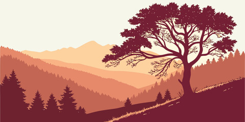 A solitary tree stands tall on a mountain peak overlooking a vast landscape. © Mamun