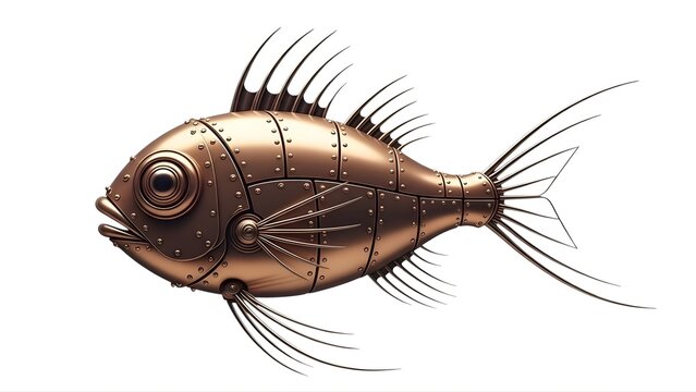 A copper steampunk fish with brass rivets and delicate fins on transparent background