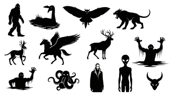 Collection of Mythical Creatures and Cryptids Silhouettes.