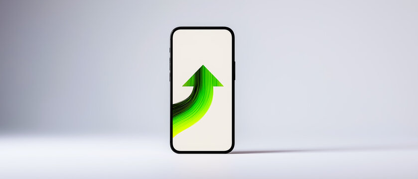 サステナブル成長を象徴する緑の矢印、モバイルUIイメージ
