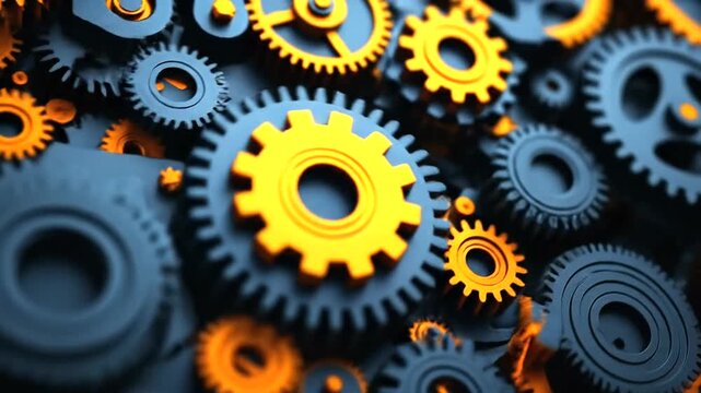 Close-up of interlocking gears in vibrant colors creating a dynamic industrial scene