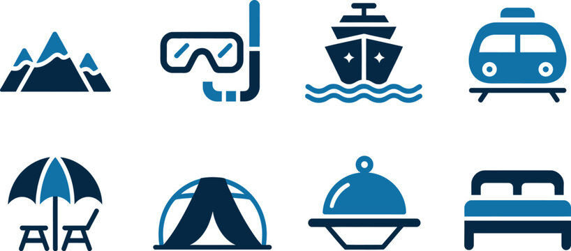 Collection of travel and leisure icons representing diverse vacation activities and accommodations