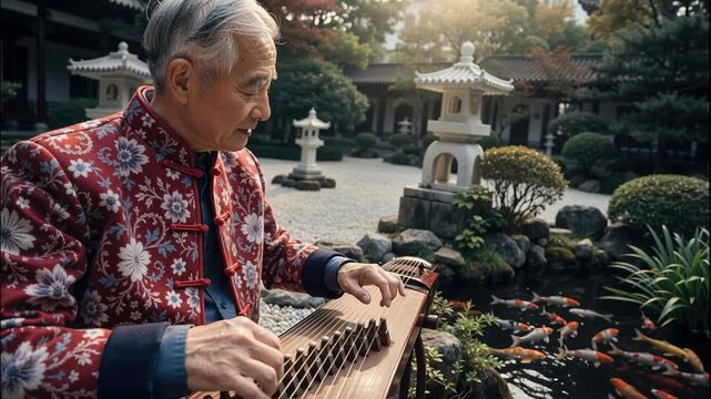 Elderly Asian man playing a traditional zither instrument in a garden with a koi pond. Cultural music performance outdoors.