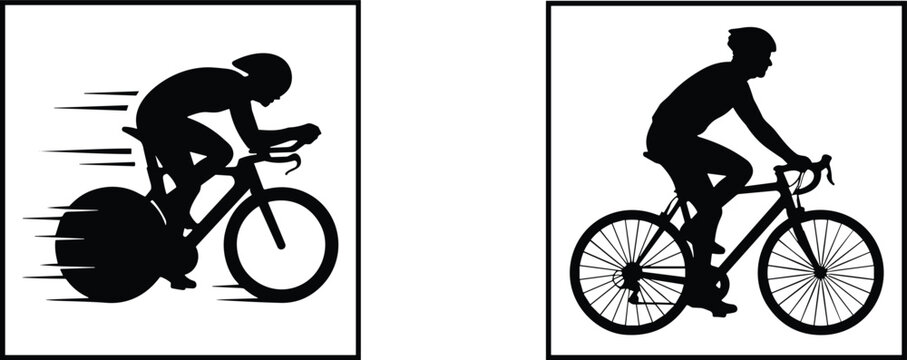 Silhouette of professional road cyclist racing fast and casual bicycle rider isolated in black and white vector illustration