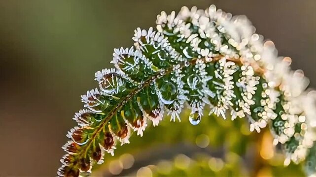 Captivating close-up of a vibrant green fern leaf beautifully adorned with delicate, sparkling frost, showcasing nature's intricate artistry and the serene tranquility of a crisp winter morning