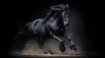Fototapeta premium Majestic Black Horse Galloping in Dynamic Motion Against Dark Background.