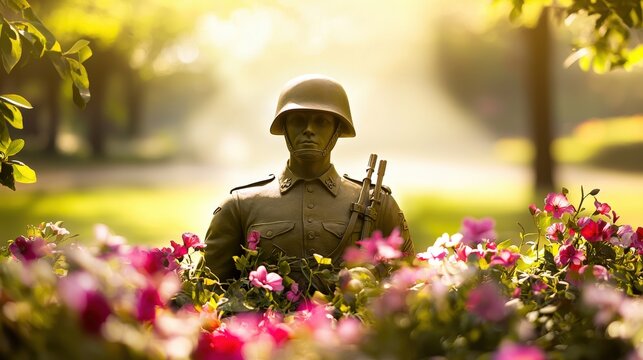 A bronze soldier statue stands solemnly among vibrant pink and red flowers in a sun dd garden, hono military service and remembe sacrifices made.