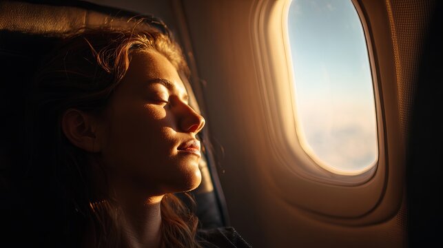 A serene woman sleeping peacefully on an airplane with a view of the sky outside the window.