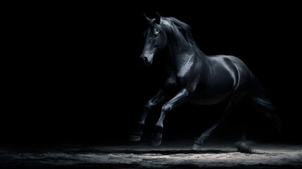 Fototapeta premium Majestic Black Horse Galloping in Dramatic Low Key Lighting.