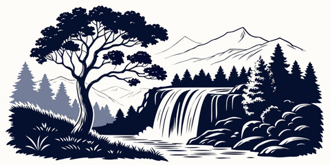 Fototapeta premium A serene landscape featuring a waterfall cascading into a tranquil pool surrounded by lush trees