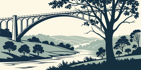 A serene landscape with a stone bridge over a calm river surrounded by lush trees © Mamun