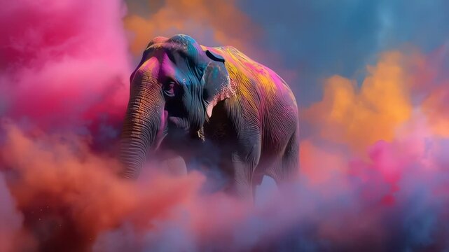 Vibrant Elephant in Colorful Smoke Art Concept Fantasy Animal Portrait