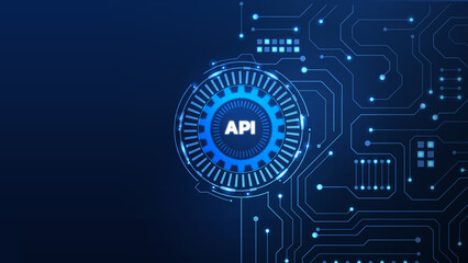 A visually striking representation of an API, featuring a blue circular icon on a dark circuit background, perfect for tech-related content and designs. © GenBy
