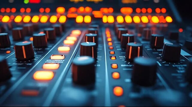 Close-up of a vibrant audio mixer with glowing knobs