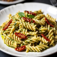 A delectable plate of spiral pasta, generously coated in vibrant pesto sauce, adorned with sun-dried tomatoes, is a culinary masterpiece.