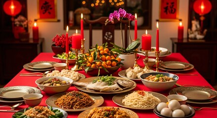Traditional Chinese New Year feast on a red tablecloth with various dishes and decorations in a cozy dining room setting
