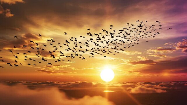 Flock bird migration sunset sky orange cloud golden light dramatic silhouette nature freedom over ocean horizon travel wildlife scene serene emotion warm adventure