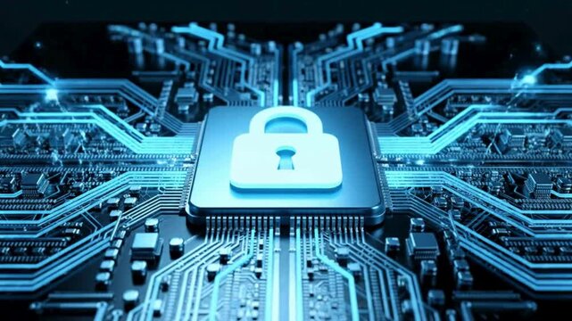 Digital cybersecurity lock animation video on advanced microchip circuit board, data protection encryption technology concept, secure network infrastructure background
