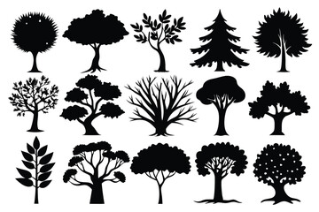 set diverse tree line art silhouette vector illustration