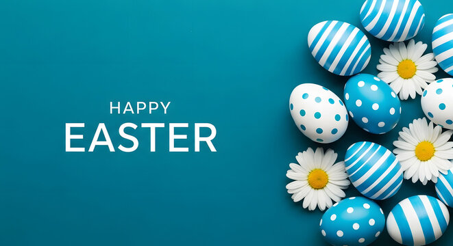 Easter celebration with decorated eggs and daisies