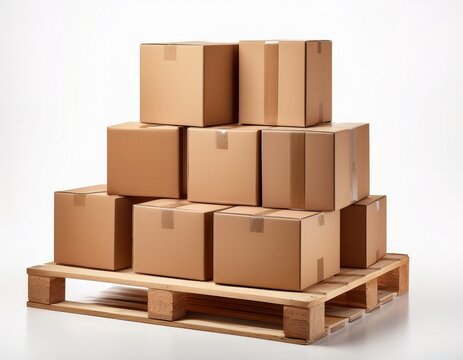 brown cardboard boxes arranged in orderly cube stack formation on wooden shipping pallet isolated on a white background
