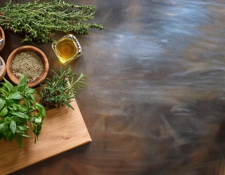 various herbs on kitchen table background with space for tex