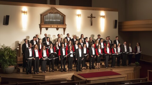 A choir adorned in formal attire stands on stage in a church setting, harmoniously performing with their vocal talents, creating beautiful melodies together.