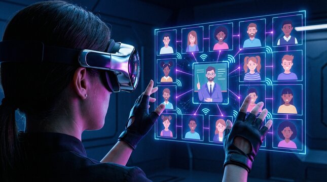 Woman in VR headset interacting with virtual people network