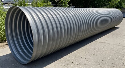 Large corrugated metal cylindrical duct pipe outdoors on paved surface