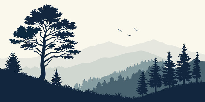 Silhouette of a tall tree against a mountain range at sunset with birds flying.