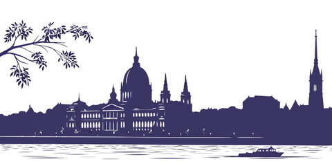 Silhouette of historic buildings along a river with a tree branch in the foreground © Mamun