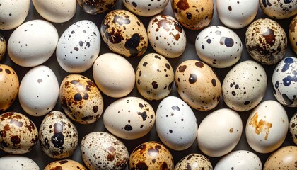 Obraz premium Brown and white speckled eggs in carton natural farm fresh close-up top view