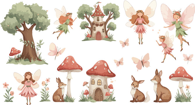 Whimsical forest scene with fairies rabbits mushrooms and trees in a fantasy landscape